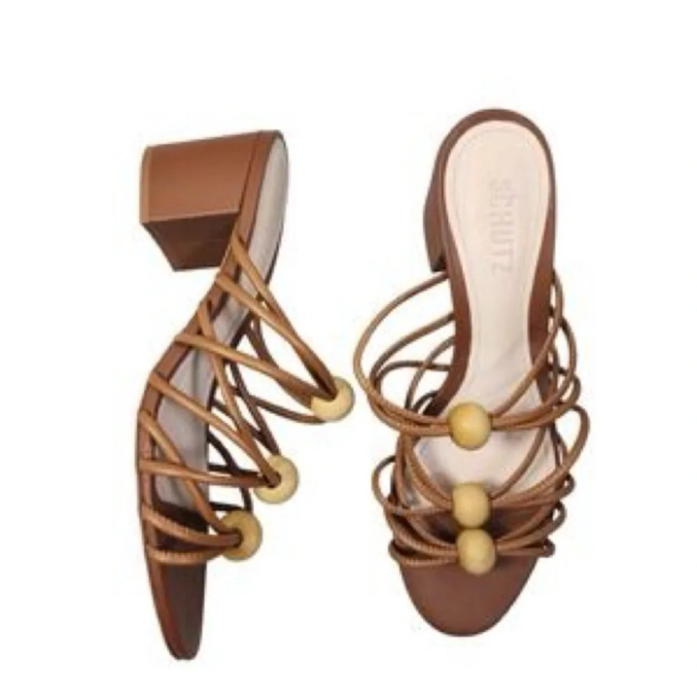 SCHUTZ Roanna Strappy Wood-Bead Brown Slide Block Heel Sandals Size 7.5 - Picture 3 of 14